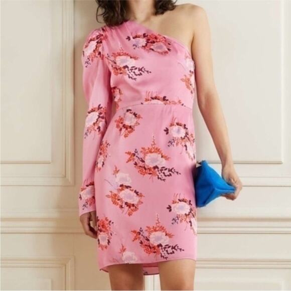 Les Reveries One Sleeve Floral Matte Satin Mini Dress Pink Gardenia Size 2 - Picture 1 of 15